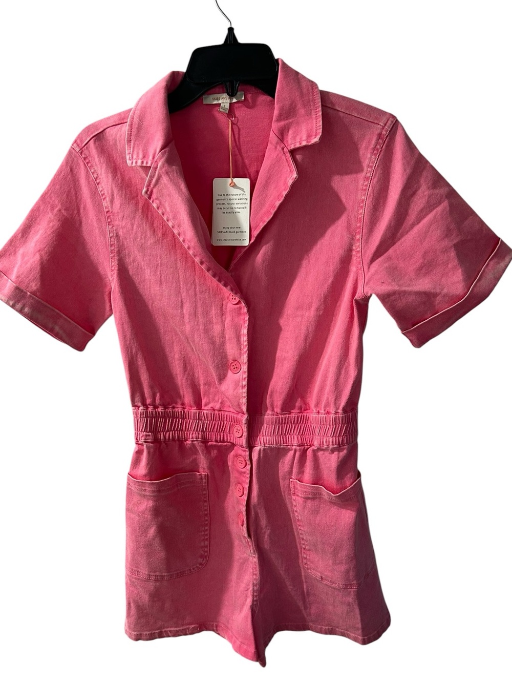 Skies Are Blue Pink Short Sleeve Denim Romper